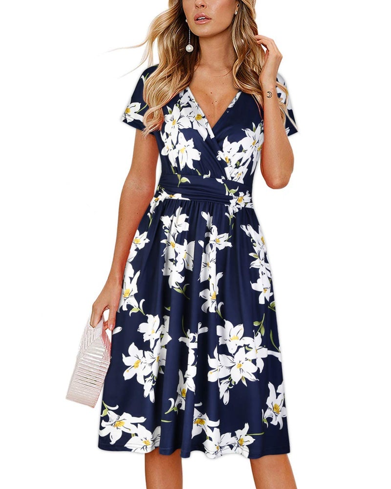 OUGES Casual Spring Summer Dress for Women 2026 Wrap V Neck A Line Midi Party Dresses with Pockets(Florala,XL) - Image 1